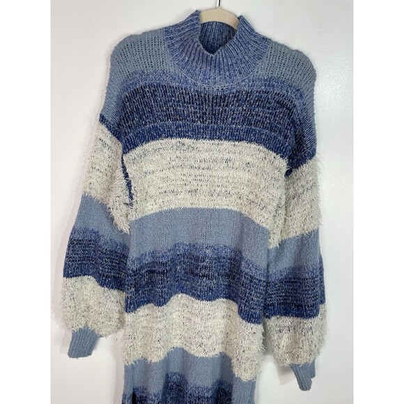 Free People Sweater Dress M Making Waves Blue Striped Eyelash-knit Granola Girl - Picture 4 of 13